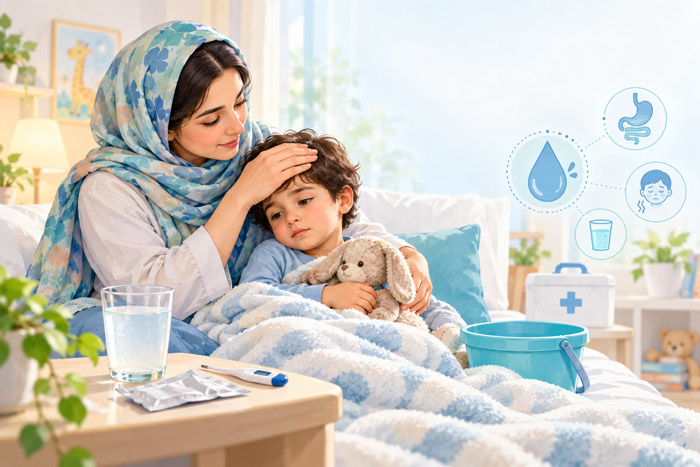 بررسی علائم اسهال و استفراغ و کم‌آبی بدن کودک و مراقبت خانگی با محلول ORS