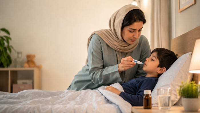مادر در حال اندازه‌گیری تب کودک با دماسنج دیجیتال